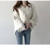 Primavera Outono senhoras Jumper Loose Coreana Mulheres Manga Longa Sweater Moda Elegante V-Neck Fabricado Tops 210513