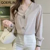 Formalna bluzka damska biurowa odzież robocza wiosna francuski V-Neck Szyfonowa koszula Kobieta Elegancka elegancka guzik kobiety plus rozmiar 210601