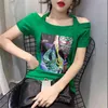 Cotton T-shirts Women Casual Sequined ops ee Summer Female Short Sleeve Halter Off-the-Shoulder 03601B 210421