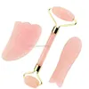 3 unids/set de cuarzo rosa Natural Gua Sha Jade rodillo de masaje Facial Jade Natural Guasha tablero herramienta de raspado masaje corporal relajación