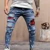 Magere mannen gescheurde jeans verontruste patch slanke hiphop potlood broek mannelijke stretch elastische taille patchwork jogging denim broek x0621