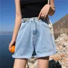 Casual suelto básico luz azul venta cintura alta botón de verano moda llegada mujeres pantalones cortos femeninos 210719