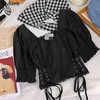 Kobiety Bluzki Japoński Kawaii Luźne Koronki Patchwork Koszule Lato Kwadrat Kołnierz Blusas Bandaż Szczupła Talii Białe Crop Topy 210519