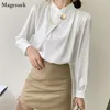 Kontor Ladies Puff Sleeve Stand Collar White T Shirts Kvinnor Elegant Chiffon Blouse Toppar Koreansk Loose Shirt 13105 210512