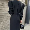 Aelegantmis Korean Casual Double Breasted Sashes Black Dress Women with Belt Puff Sleeves Office Lady Female Elegant 210607