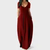 Women Maxi Dress Summer Casual V-neck Solid Long Dress Fashion Pockets Short Sleeve Loose Female Vestidos Plus Size Dress Clothe