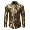 Erkek Metalik Gümüş Zebra Baskı Gömlek Sahne Balo Sosyal Gömlek Erkekler Slim Fit Uzun Kollu Chemise Homme Camisa Sosyal 210522