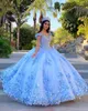 2021 Luxury Pink Sky Blue Quinceanera Dresses Ball Gown Puffy Off Shoulder Lace Appliques Crystal Beaded 3D Floral Flowers Sweet 16 Party Prom Dress Evening Gowns