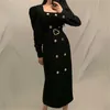 Aelegantmis Korean Casual Double Breasted Sashes Black Dress Women with Belt Puff Sleeves Office Lady Female Elegant 210607