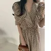 Dot Ruffle V col Robe Vintage Maxi Femmes D'été Boho Demi Manches Longues Casual Lâche Chemise es 811A 210420