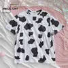 Hwlzltzh bomullskjorta sommar damkläder Stora storlekar Cow Print Basic Women Casual O-Neck Shirt Oversized Op 210720