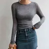 スリムな高品質のプレーンTシャツの女性の綿の弾性基本的なTシャツ女性のカジュアルトップス長袖セクシーな薄いTシャツを透かし211110