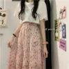 Vintage Çiçek Baskı A-Line Pileli Uzun Etekler Yaz Pembe Kadın Şifon Kore Streetwear Elastik Bel MIDI 210421