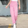 Xnwmnz vrouwen hoge stijging elastische taille gecontroleerd rechte broek joggers voor vrouwen roze broek Q0801