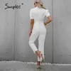 ホワイトパフスリーブレースアップ女性ファッション衣装ハイストリートソリッドサマージャンプスーツカジュアルボタンジャンプスーツ210414