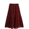 Plus Taille Automne Hiver Corduroy Jupe Femmes Vintage Vin Rouge Midi Longues Jupes Femme Élastique Taille Haute A-ligne Jupe Plissée 210412