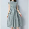 Vintage bomull och hampa randig kortärmad kvinna klänning sommar grön aprikos blå avslappnad lös mid-calf lady klänning 4960 50 210527
