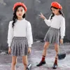Girls Clothes Plaid Skirt & Blouse 2pcs For Lace Lantern Sleeve Suit Spring Autumn 12 14 210528