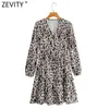 Zevity femmes Vintage col en V peau d'animal imprimé plis Mini robe Femme manches bouffantes boutonnage décontracté Chic à volants Vestido DS4677 210603