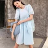 Ins Summer Blue Puff Sleeve O-Neck Mini Dress Women Korean Sweet Robes Ball Gown Fairy Party Streetwear Clothes 210514