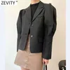 Zevity Femmes Mode Plissé Puff Manches Solide Couleur Boutonnée Fit Blazer Manteau Bureau Lady Costumes Vêtements d'extérieur Chic Tops CT689 210603