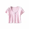 Sexig T-shirt V Neck Short Sleeve Casual Crop Top Kvinnor Knapp Strikkad Kortärmad Koreansk stil Ribbad Grön Sommarväxter X0628