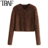 TRAF Women Fashion Faux Fur Soft Touch Cropped Stickad Cardigan Sweater Vintage Långärmad Kvinnlig Pullovers Chic Toppar 210415