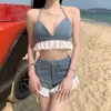 Summer Beach Sweet Sexy Two-Piece Set V-Pescoço Lace Up Denim Camisole Tops Frayed Jeans Shorts T3037 210514