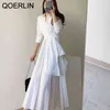 QOERLIN Minimalist French Elegant Lace Up Mid Length Dress Women White Pleated Dresses Long Sleeve ALine Shirts Vestidos Mujer 210412