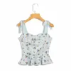 BBWM Chic Adjust Spaghetti Straps Camis France Ruffles Women Tank Top Sexy Blue Floral Print White Sleeveless Tee 210520