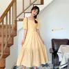Mode vintage klänningar kvinna sommar puff ärm söt söt korea elegant kvadrat krage plaid casual party klänning 210518