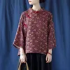 Johnature Herbst Vintage Shirts Für Frauen Stehen Sieben Hülse Blusen Taste Drucken Floral Tops Weibliche Chinesischen Stil Shirts 210521