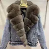 FURSARCAR High Quality Real Fur Coats Winter Women Coats Fashion Warm Fur Collar Jean Splice Jacket Female Overcoat 210917