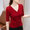Женская футболка среднего рукава 2021 Весенняя и летняя одежда Хлопок Внутренняя одежда Блуза Дизайн Смысл Управляемый талии