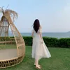 Vestidos casuais doces kawaii fada princesa malha vestido elegante branco espaguete pulseira fora do ombro festa mulher 2021 férias