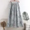 Summer Mesh Sequined Dragonfly Embroidery Long Tulle Skirt Women Korean High Waist Midi Aesthetic Female 210421