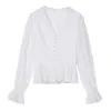 Wzburzyć Bluzka Z Długim Rękawem Jesień Damskie Topy Hollow Flowers White Bawełna Koszula Koronka V-Neck Blusas 80j 210420
