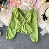 Spring Women Blouse Sweet V-Neck Long Lantern Sleeves Ladies Shirts Solid Color Slim Chiffon Vintage Drawstring Top 210422