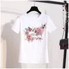 Summer Embroidery Sequined Flower Appliques Letter T-Shirts Women O-Neck Short Sleeve Girl Tops Floral Tee Shirt 210416