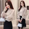 Spring Autumn Printed Ruffes floral Chiffon blouses Shirt long sleeves women Tops fashion stand Collar Blusa 667H3 210420