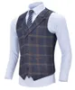 Herrvästar Business Navy Vest Ull Plaid Slim Fit Enstaka Brossat bomullsdräkt Waistcoat för bröllop Formella Groomsmen