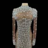 Casual Dresses Sparkly Silver Big Crystals Transparent Tan Color Dress Evening Birthday Celebrate Luxurious Costume Dancer Flashing