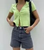 Summer 90's Vintage Wood ears V neck Short Sleeve T-shirts Single-breasted Buttons Trim Crop Tee Top 210429