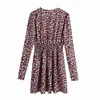 Vintage Women Floral Print Dresses Höst Mode Ladies Elastisk Midja A-Line Causal Kvinna Elegant V-Neck Mini 210427