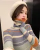 Primavera Outono Estilo Coreano Slim Tops Tops Turtleneck Manga Longa T-shirt Mulheres Casual Stripe Tees Camisa Femme (R99523) 210423