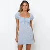 strand korte jurk bladerdeeg mouw ruche zomer vrouwen lace up blue es vintage elastische tuniek mini 210427