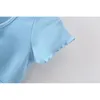 Lato Fasnion Damska V-Neck Catchstring Tie Folds Solid Color Sexy Short Blue Pępek T-shirt Kobiet 210508