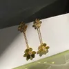 Van 18K Gold Fashion Four-Leaf Clover Three Leaf Dangle Clover Flower Long Cleef Earrings With Diamonds For Womengirls Wedding VA303Z