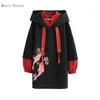 S-XL Black Harakuju Cartoon Printed Long Hoodies For Women Sleeve Bomull Hooded Sweatshirts Patchwork Drawstring Tracksuits 210809