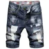 Sommar Mäns Ripped Short Jeans 2021 Streetwear Big Hole Fashion Vintage Blue Slim Denim Shorts Märke Kläder Man Kläder